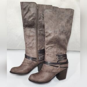 NWOB FERGALICIOUS by FERGIE Cassidy Tall Boots Faux Suede Taupe Zipper Size 8.5